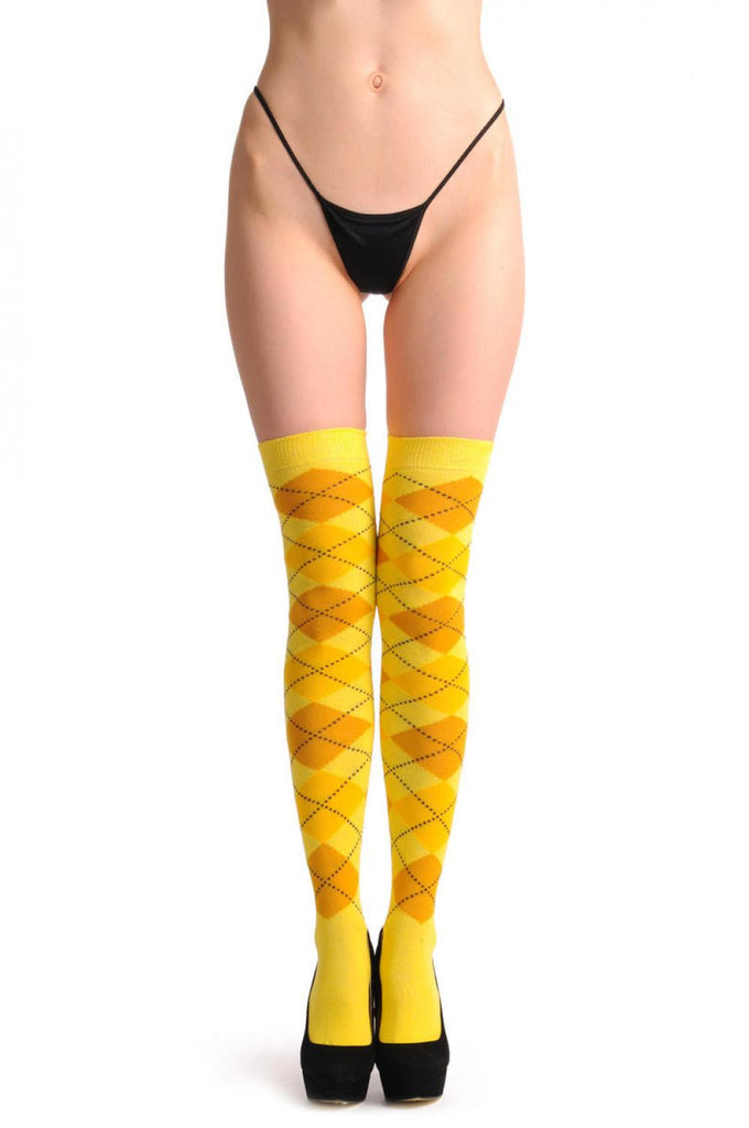 Liss Kiss Argyle Yellow Orange & Mustard - Over The Knee Socks