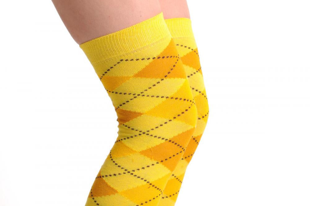 Liss Kiss Argyle Yellow Orange & Mustard - Over The Knee Socks