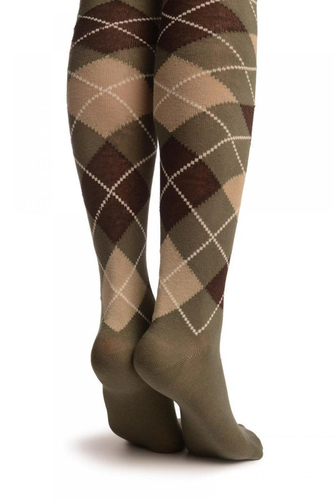 Liss Kiss Army Green Beige & Brown Argyle - Over The Knee Socks