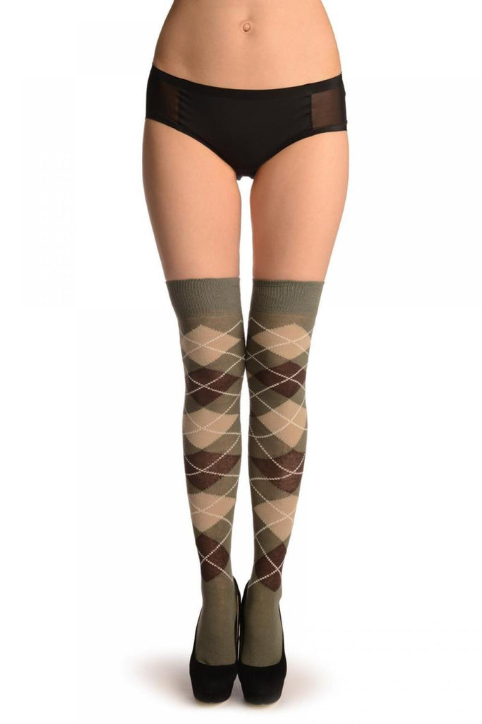 Liss Kiss Army Green Beige & Brown Argyle - Over The Knee Socks