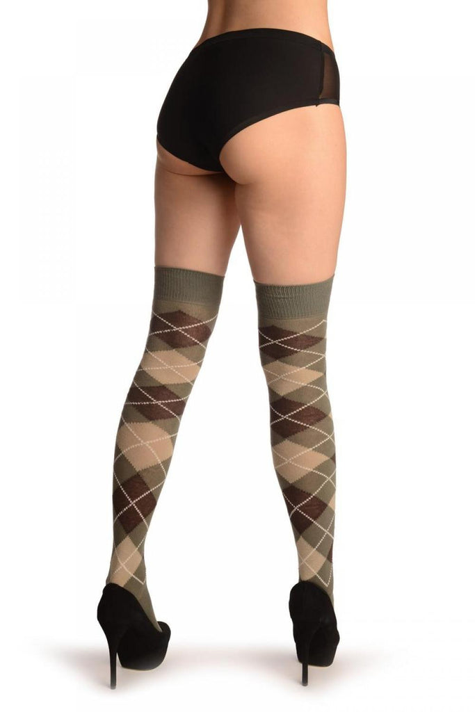 Liss Kiss Army Green Beige & Brown Argyle - Over The Knee Socks