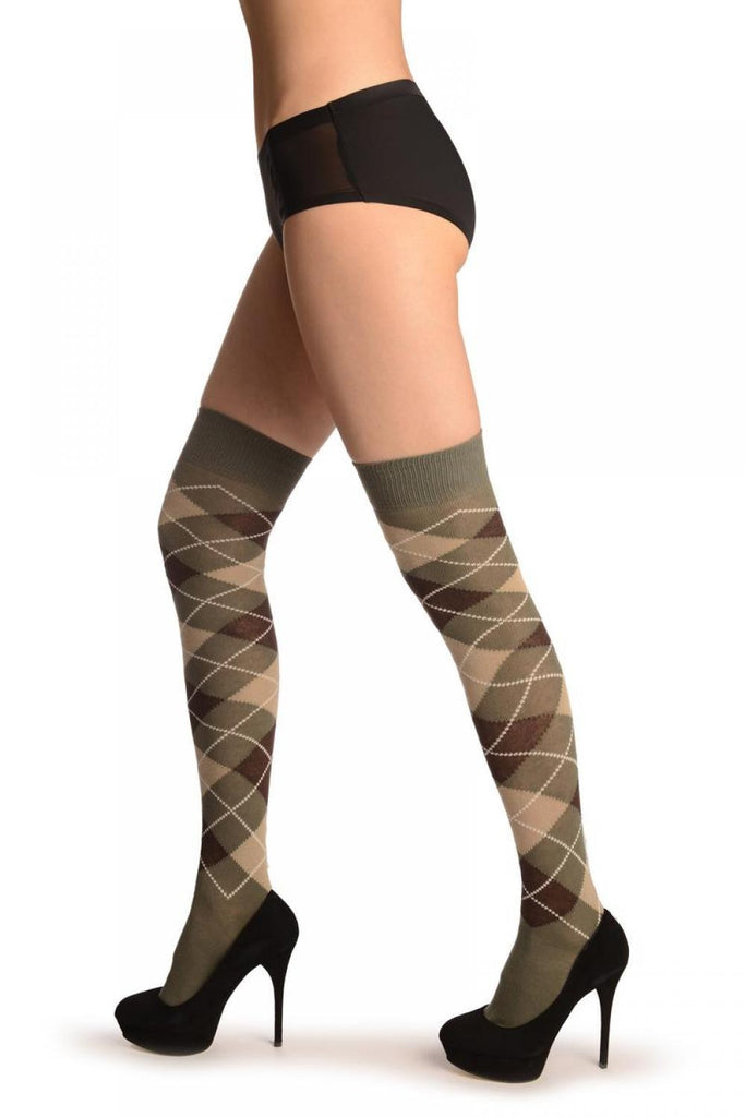 liss kiss Army Green Beige & Brown Argyle - Over The Knee Socks