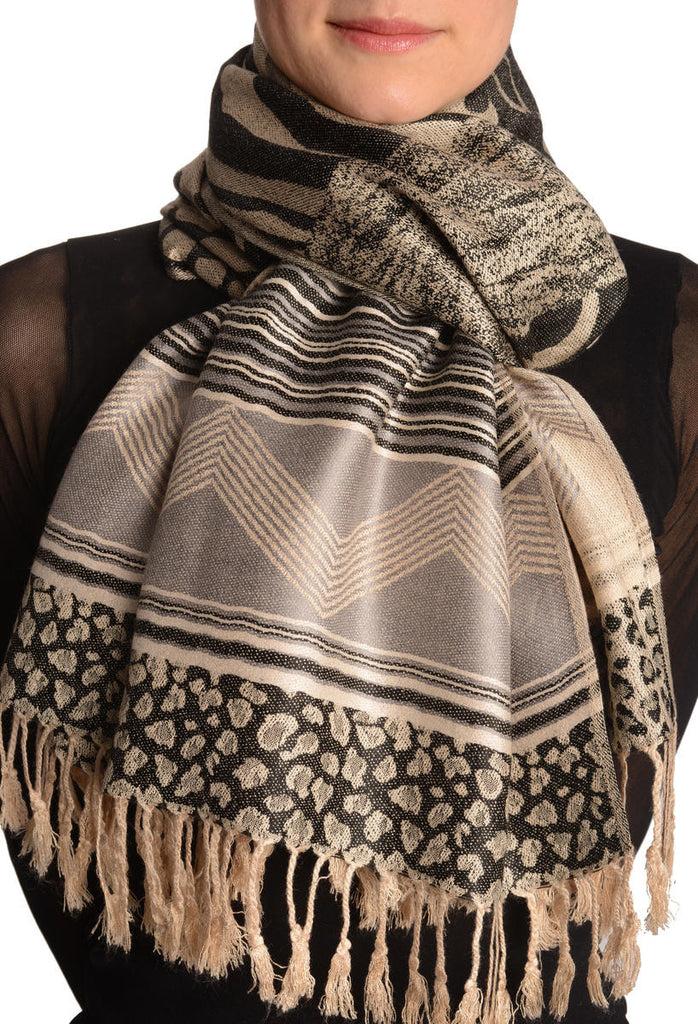 liss kiss Assimetrical Ornaments On Black Pashmina With Tassels - Scarf