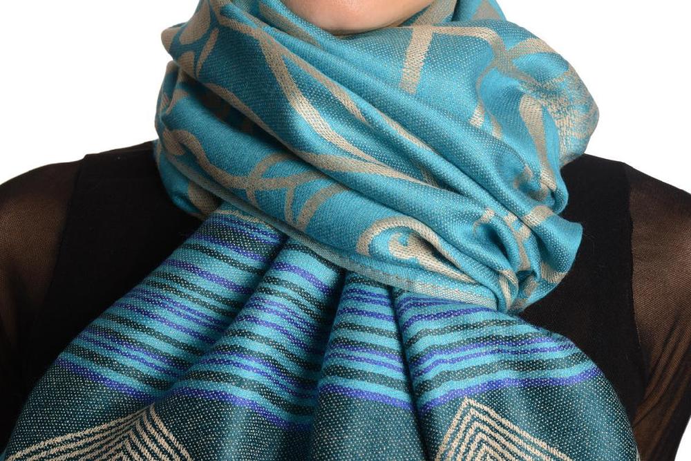 Liss Kiss Assimetrical Ornaments On Blue Pashmina With Tassels - Scarf