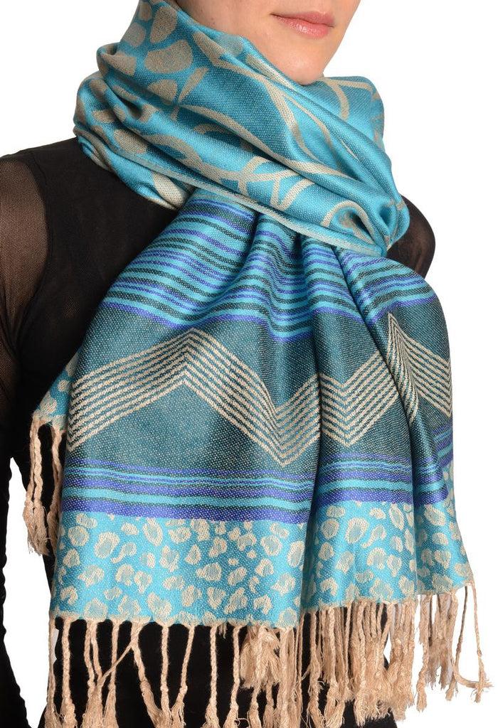 Liss Kiss Assimetrical Ornaments On Blue Pashmina With Tassels - Scarf