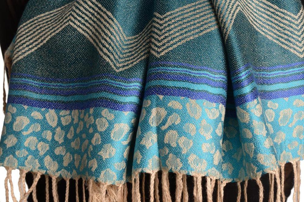 Liss Kiss Assimetrical Ornaments On Blue Pashmina With Tassels - Scarf