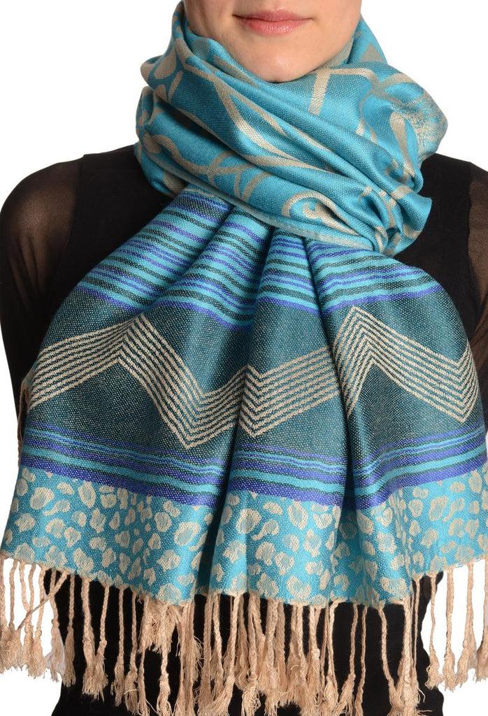 liss kiss Assimetrical Ornaments On Blue Pashmina With Tassels - Scarf