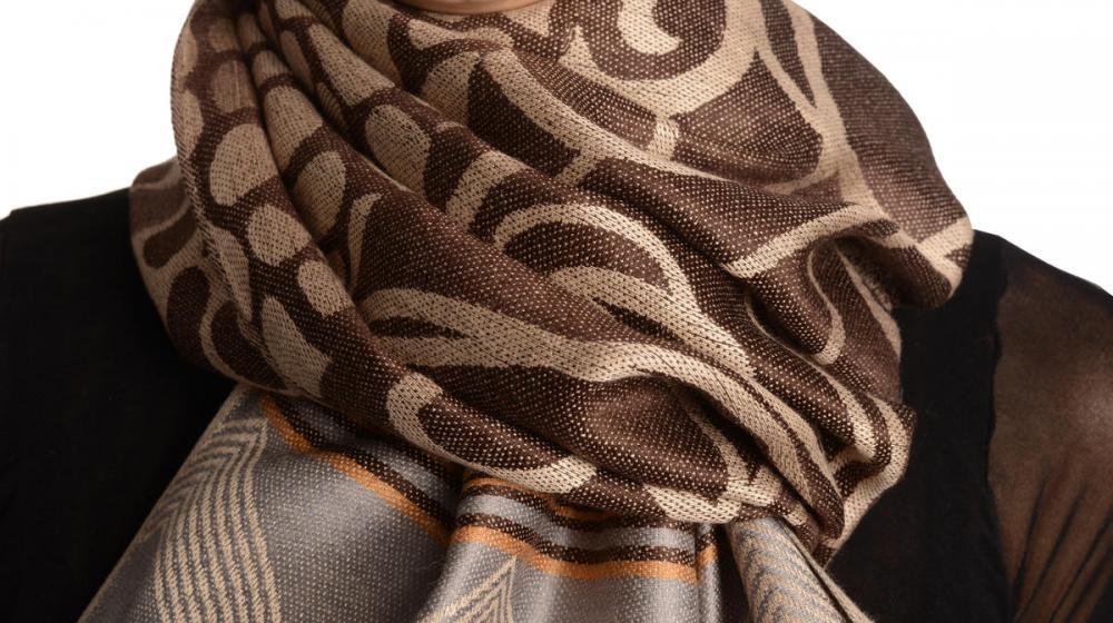 Liss Kiss Assimetrical Ornaments On Brown Pashmina With Tassels - Scarf
