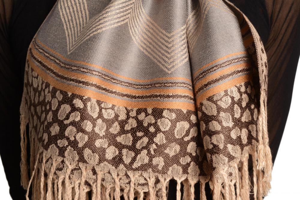Liss Kiss Assimetrical Ornaments On Brown Pashmina With Tassels - Scarf