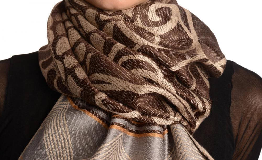 Liss Kiss Assimetrical Ornaments On Brown Pashmina With Tassels - Scarf