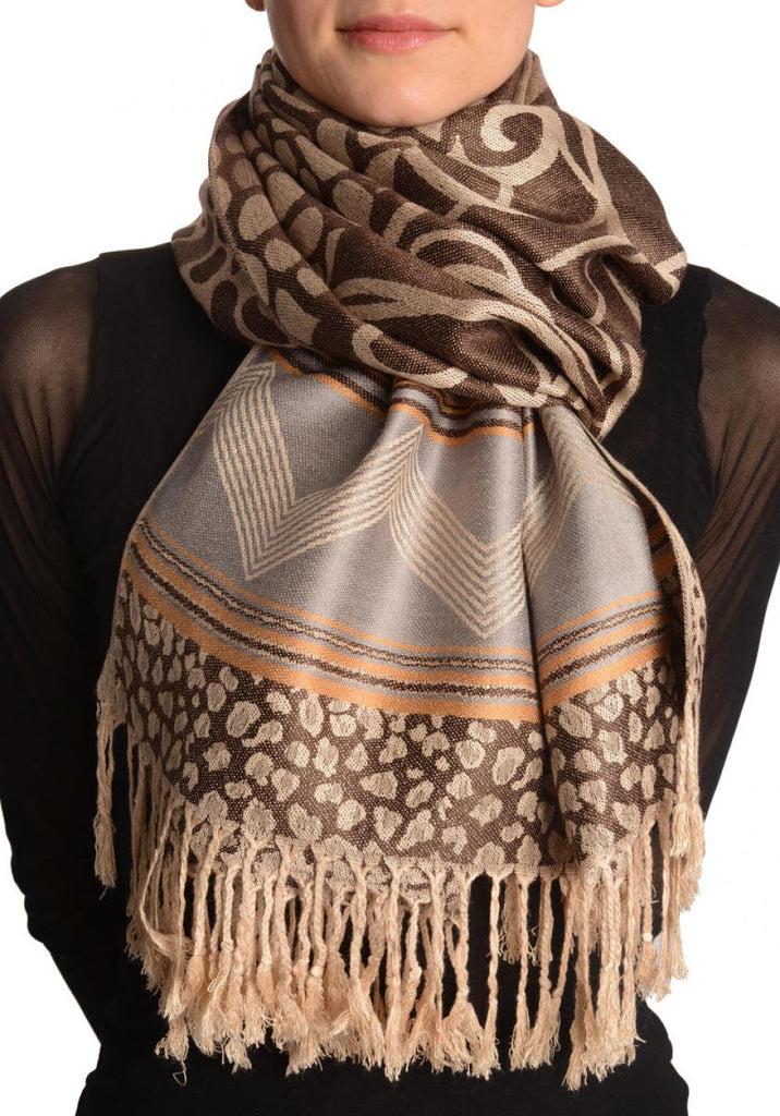 liss kiss Assimetrical Ornaments On Brown Pashmina With Tassels - Scarf