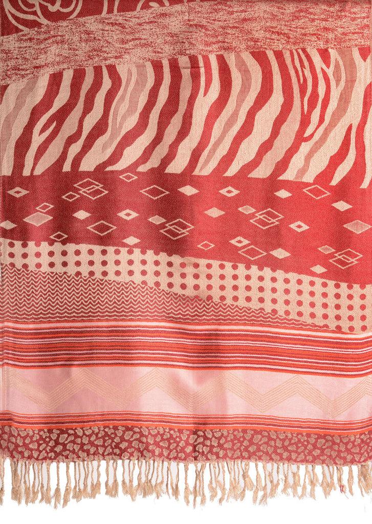 Liss Kiss Assimetrical Ornaments On Dark Red Pashmina With Tassels - Scarf