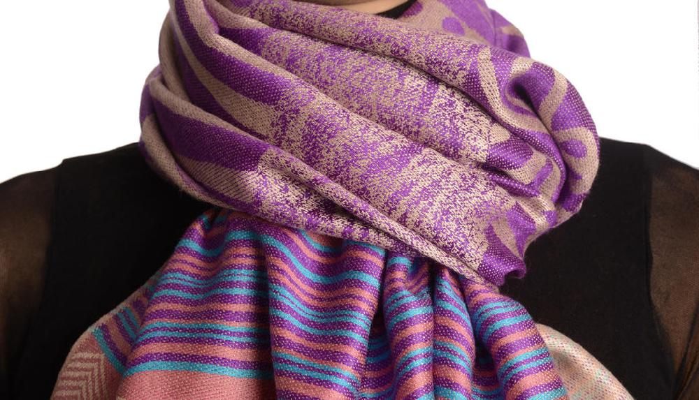 Liss Kiss Assimetrical Ornaments On Purple Pashmina With Tassels - Scarf