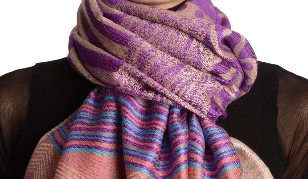 Liss Kiss Assimetrical Ornaments On Purple Pashmina With Tassels - Scarf