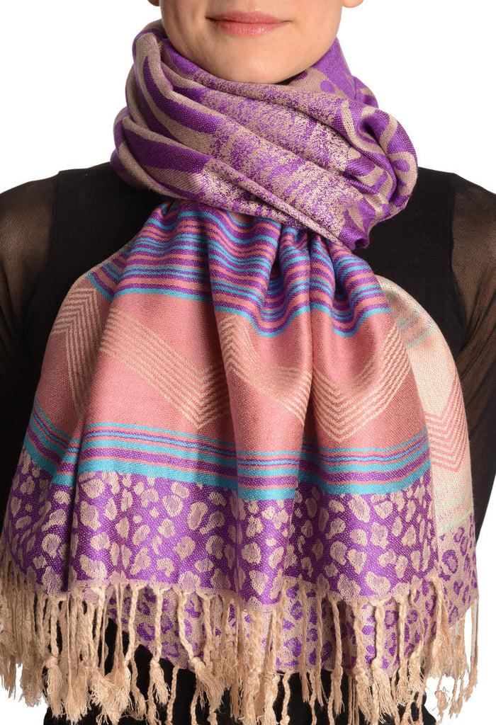 liss kiss Assimetrical Ornaments On Purple Pashmina With Tassels - Scarf