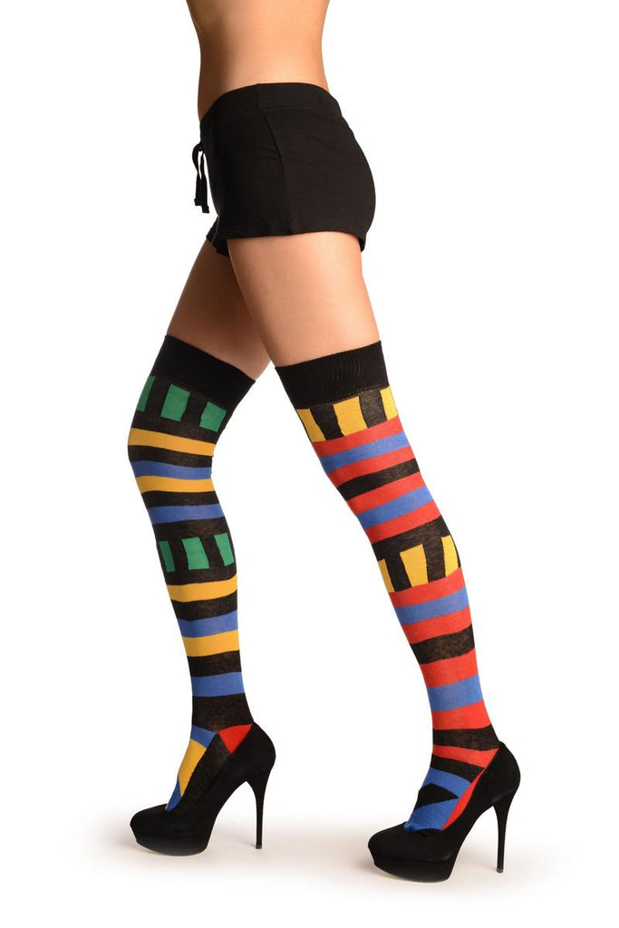 Liss Kiss Asymmetrical With Horizontal And Vertical Stripes Over The Knee Socks - Over The Knee Socks