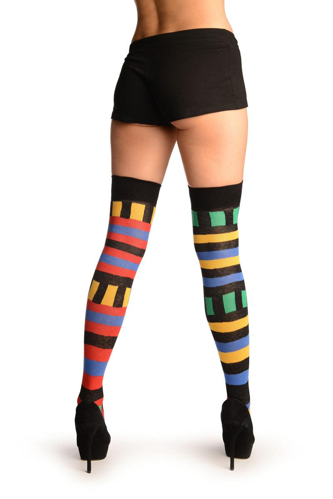 Liss Kiss Asymmetrical With Horizontal And Vertical Stripes Over The Knee Socks - Over The Knee Socks
