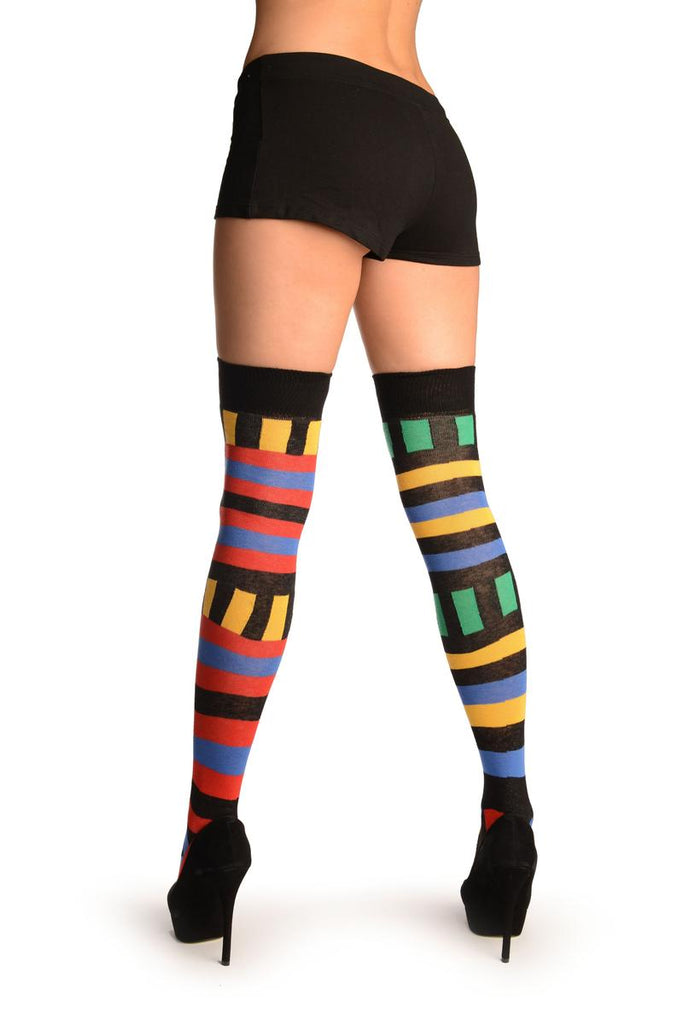 Liss Kiss Asymmetrical With Horizontal And Vertical Stripes Over The Knee Socks - Over The Knee Socks