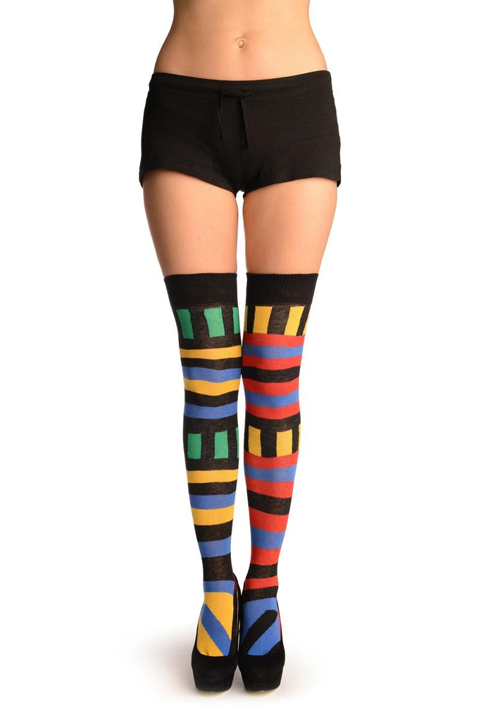 Liss Kiss Asymmetrical With Horizontal And Vertical Stripes Over The Knee Socks - Over The Knee Socks