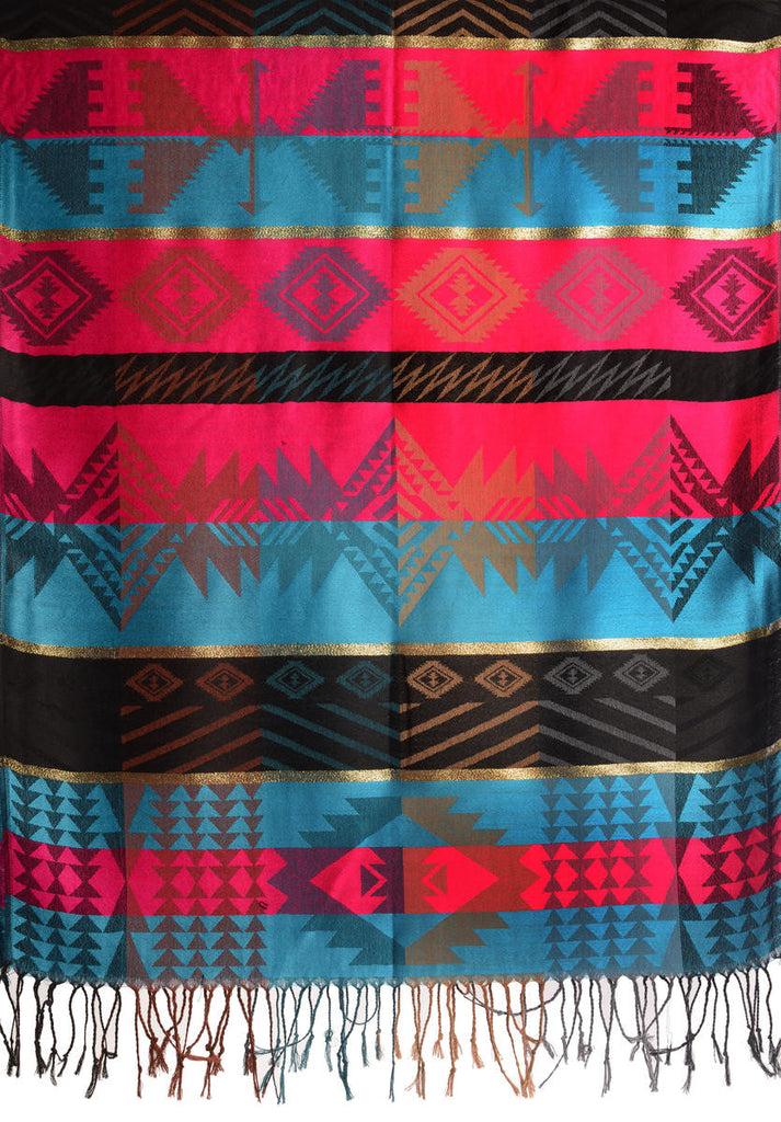 Liss Kiss Aztec Patern On Blue & Pink With Gold Lurex Pashmina With Tassels - Scarf