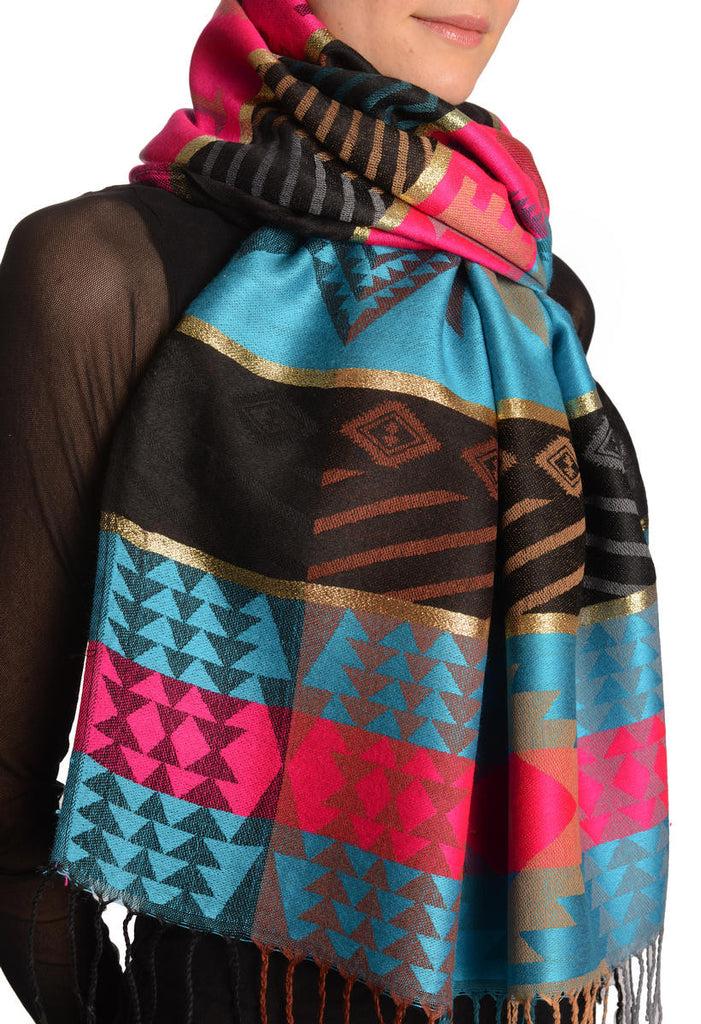 Liss Kiss Aztec Patern On Blue & Pink With Gold Lurex Pashmina With Tassels - Scarf