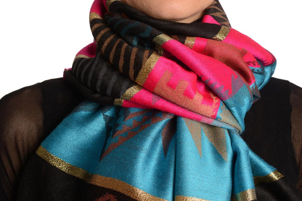 Liss Kiss Aztec Patern On Blue & Pink With Gold Lurex Pashmina With Tassels - Scarf