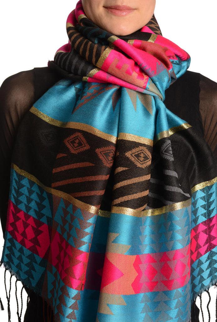 liss kiss Aztec Patern On Blue & Pink With Gold Lurex Pashmina With Tassels - Scarf