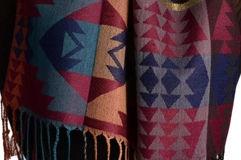 Liss Kiss Aztec Patern On Dark Blue & Maroon With Gold Lurex Pashmina With Tassels - Scarf