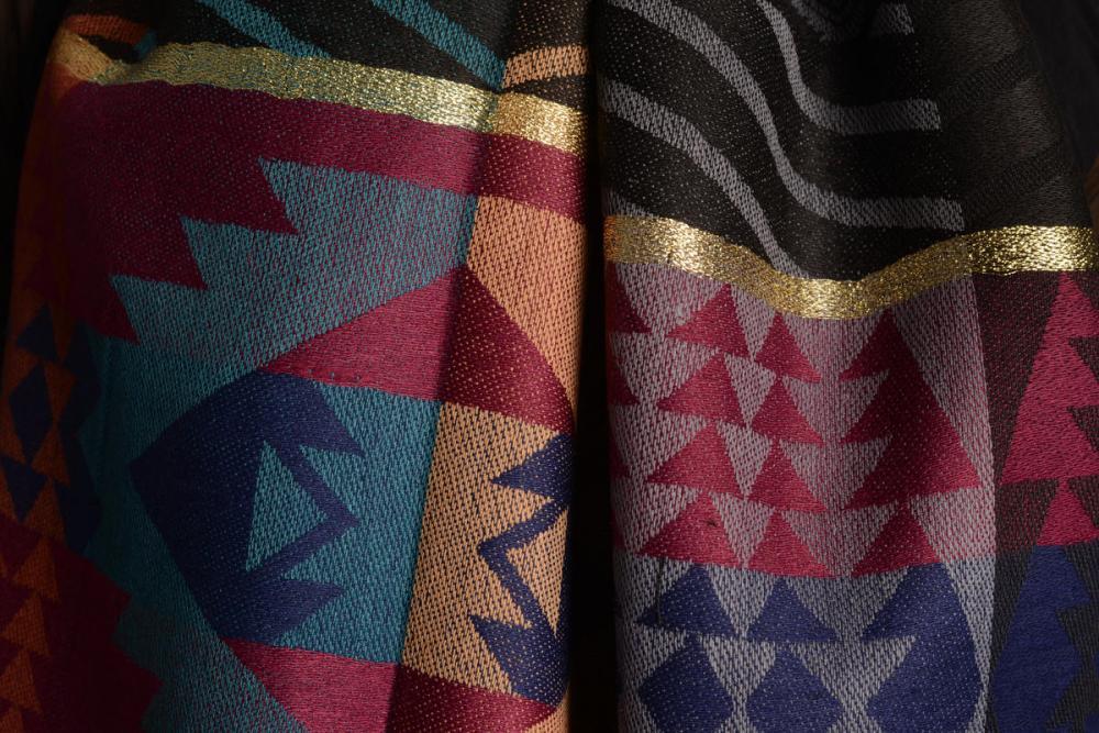 Liss Kiss Aztec Patern On Dark Blue & Maroon With Gold Lurex Pashmina With Tassels - Scarf