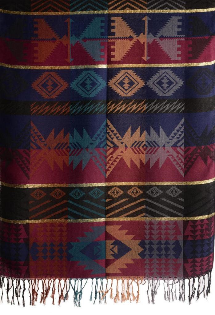 Liss Kiss Aztec Patern On Dark Blue & Maroon With Gold Lurex Pashmina With Tassels - Scarf