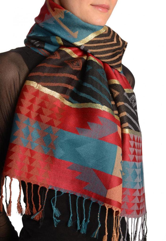 Liss Kiss Aztec Patern On Dark Red & Prussian Blue With Gold Lurex Pashmina With Tassels - Scarf
