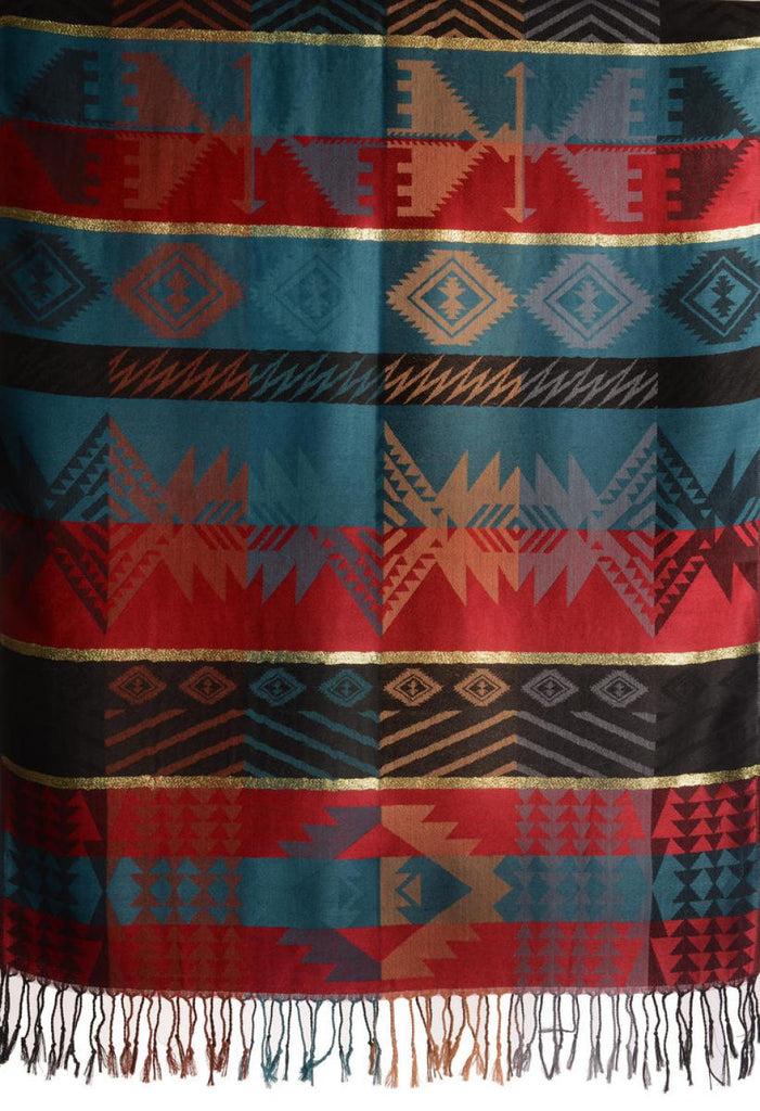 Liss Kiss Aztec Patern On Dark Red & Prussian Blue With Gold Lurex Pashmina With Tassels - Scarf