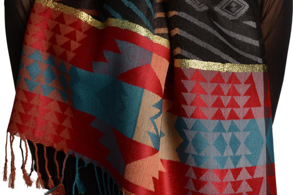 Liss Kiss Aztec Patern On Dark Red & Prussian Blue With Gold Lurex Pashmina With Tassels - Scarf