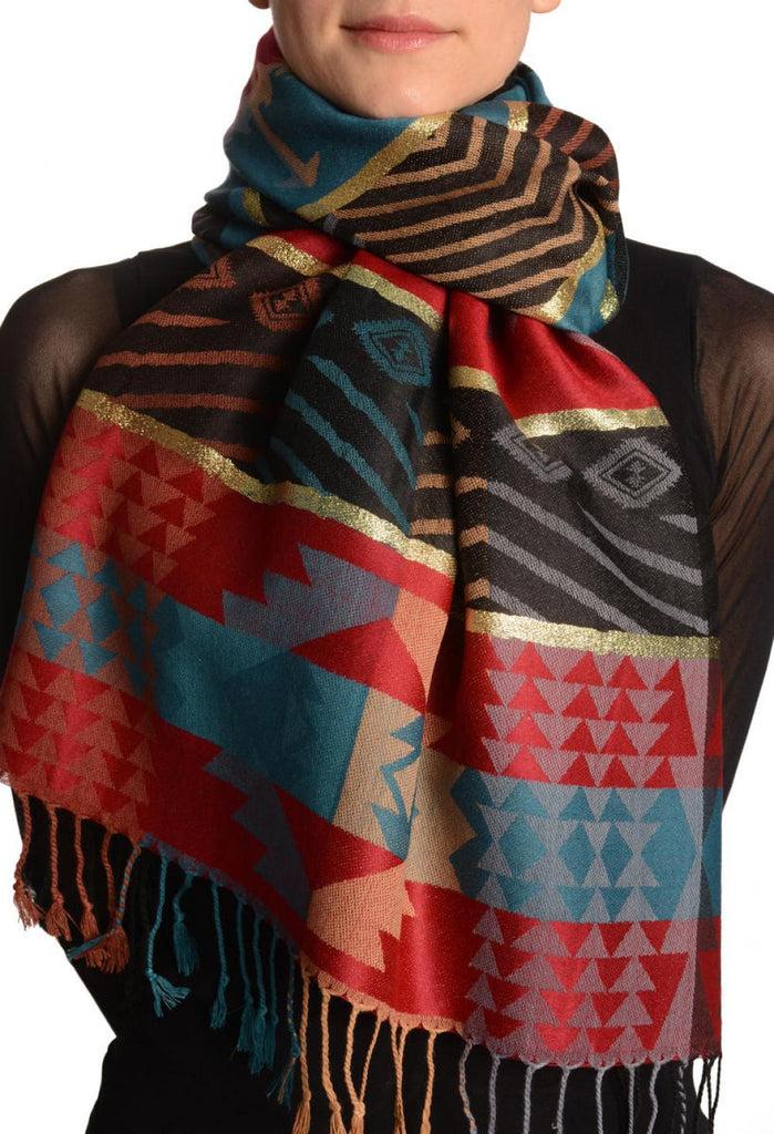 liss kiss Aztec Patern On Dark Red & Prussian Blue With Gold Lurex Pashmina With Tassels - Scarf