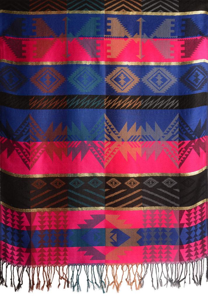 Liss Kiss Aztec Patern On Pink & Blue With Gold Lurex Pashmina With Tassels - Scarf