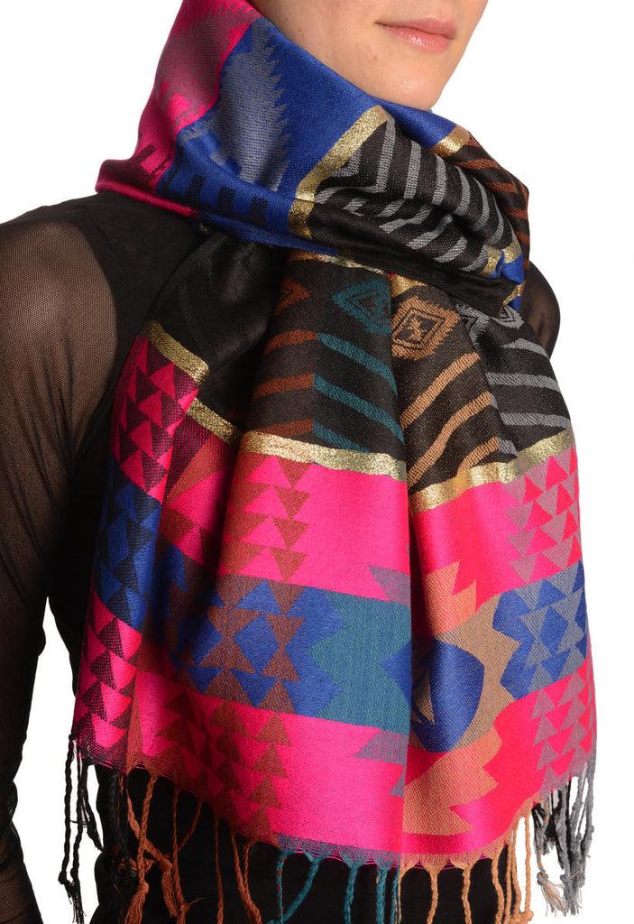 Liss Kiss Aztec Patern On Pink & Blue With Gold Lurex Pashmina With Tassels - Scarf