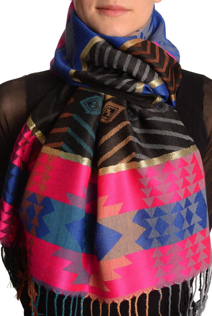 liss kiss Aztec Patern On Pink & Blue With Gold Lurex Pashmina With Tassels - Scarf