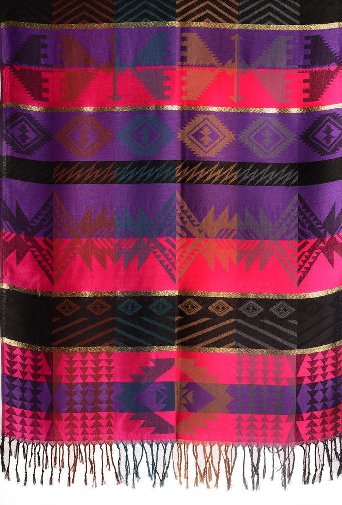 Liss Kiss Aztec Patern On Pink & Purple With Gold Lurex Pashmina With Tassels - Scarf