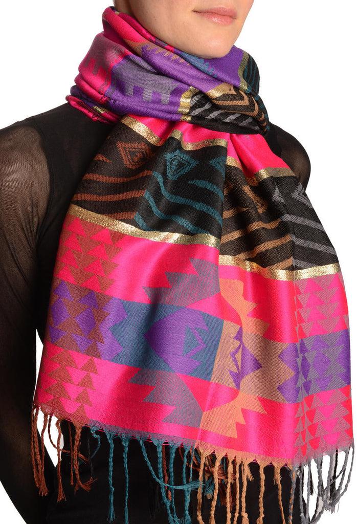 Liss Kiss Aztec Patern On Pink & Purple With Gold Lurex Pashmina With Tassels - Scarf