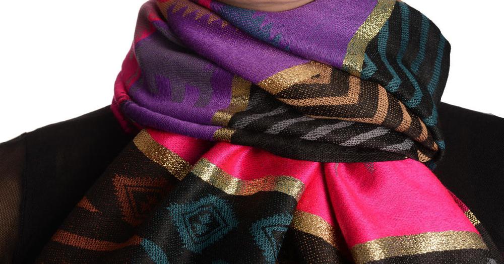 Liss Kiss Aztec Patern On Pink & Purple With Gold Lurex Pashmina With Tassels - Scarf