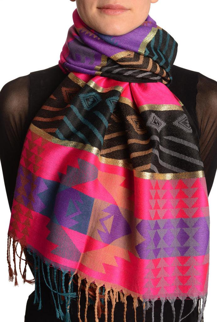 liss kiss Aztec Patern On Pink & Purple With Gold Lurex Pashmina With Tassels - Scarf