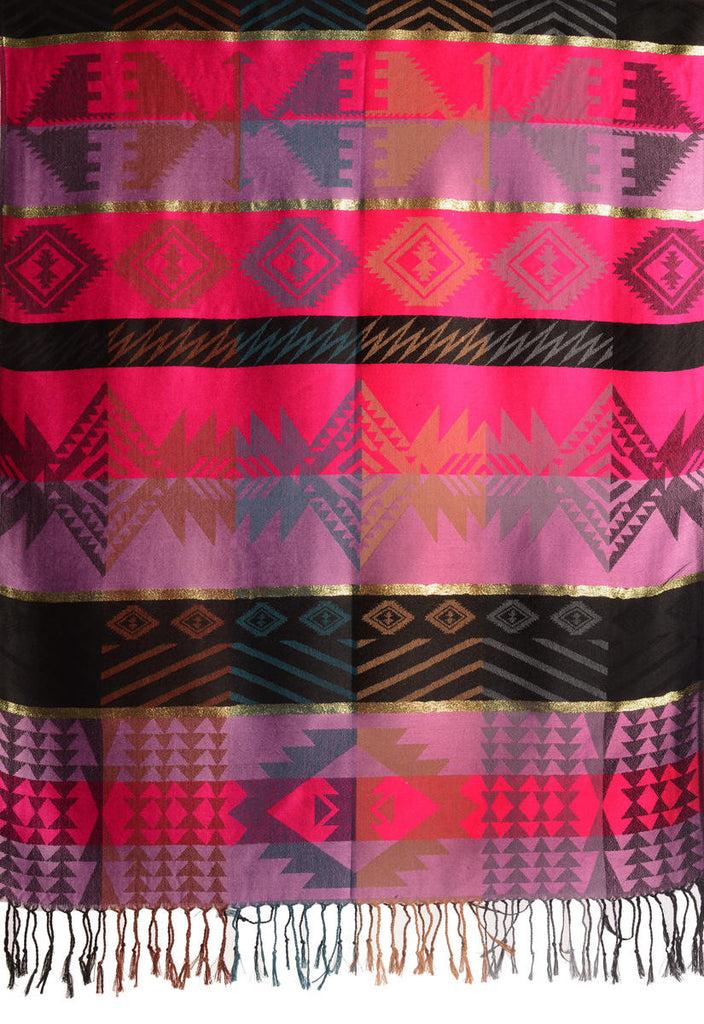 Liss Kiss Aztec Patern On Puce Pink & Magenta With Gold Lurex Pashmina With Tassels - Scarf