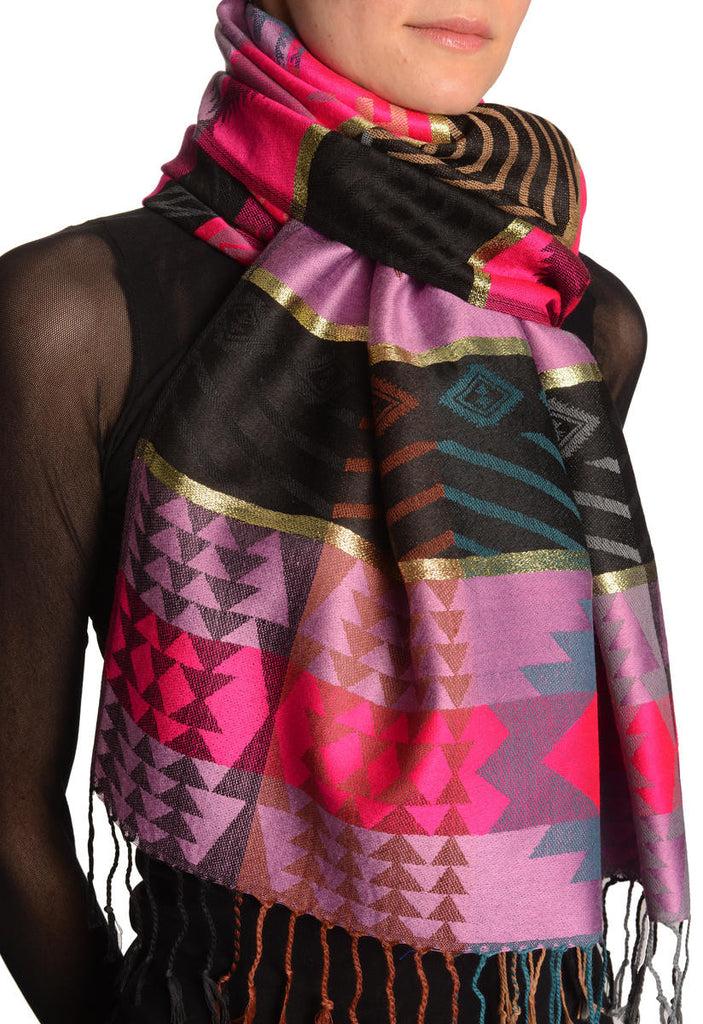 Liss Kiss Aztec Patern On Puce Pink & Magenta With Gold Lurex Pashmina With Tassels - Scarf