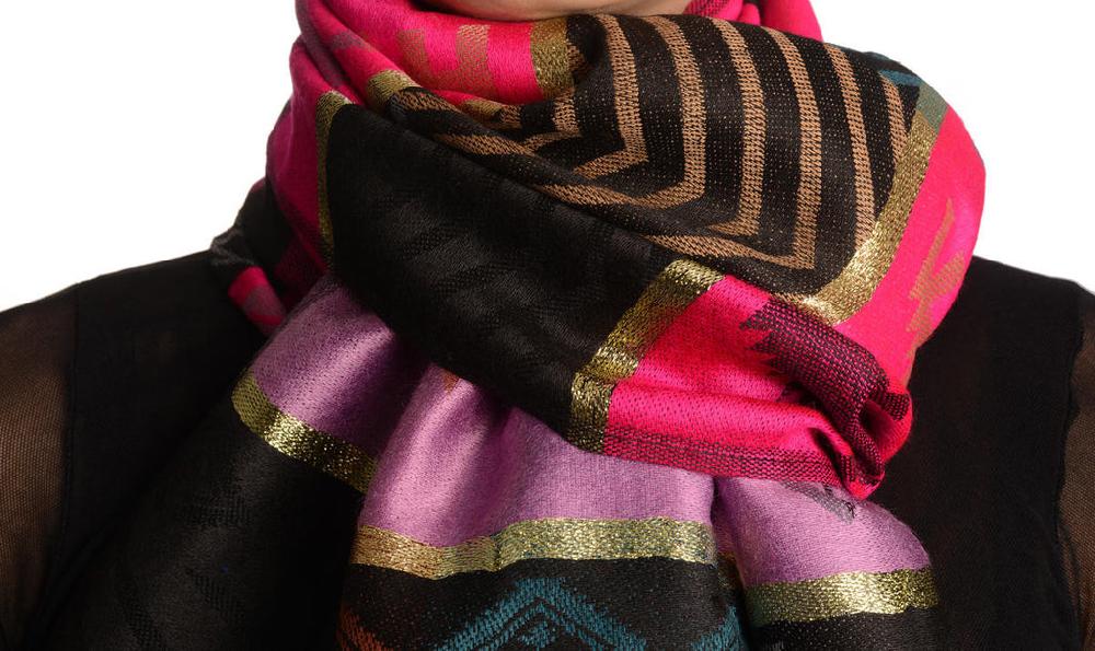 Liss Kiss Aztec Patern On Puce Pink & Magenta With Gold Lurex Pashmina With Tassels - Scarf