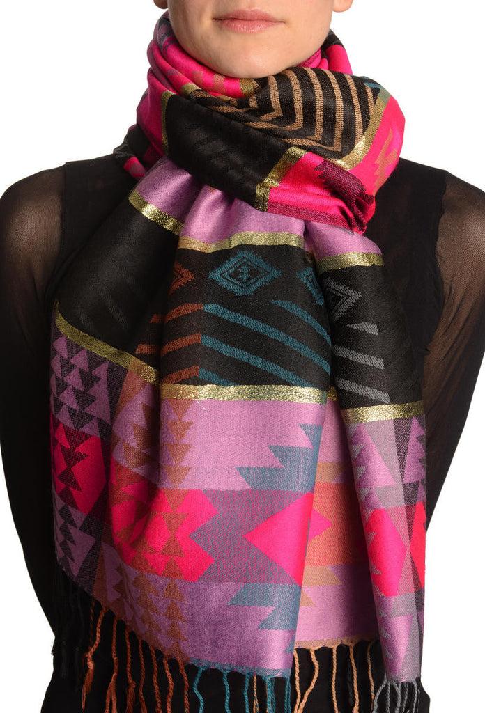 liss kiss Aztec Patern On Puce Pink & Magenta With Gold Lurex Pashmina With Tassels - Scarf