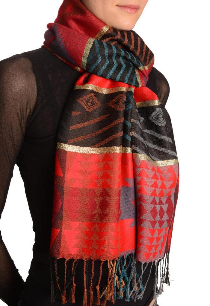 Liss Kiss Aztec Patern On Red & Dark Red With Gold Lurex Pashmina With Tassels - Scarf