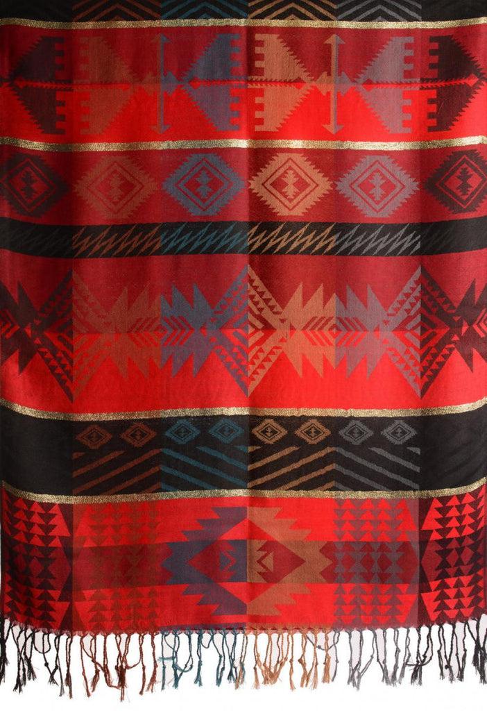 Liss Kiss Aztec Patern On Red & Dark Red With Gold Lurex Pashmina With Tassels - Scarf