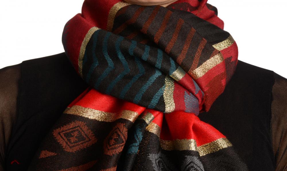 Liss Kiss Aztec Patern On Red & Dark Red With Gold Lurex Pashmina With Tassels - Scarf