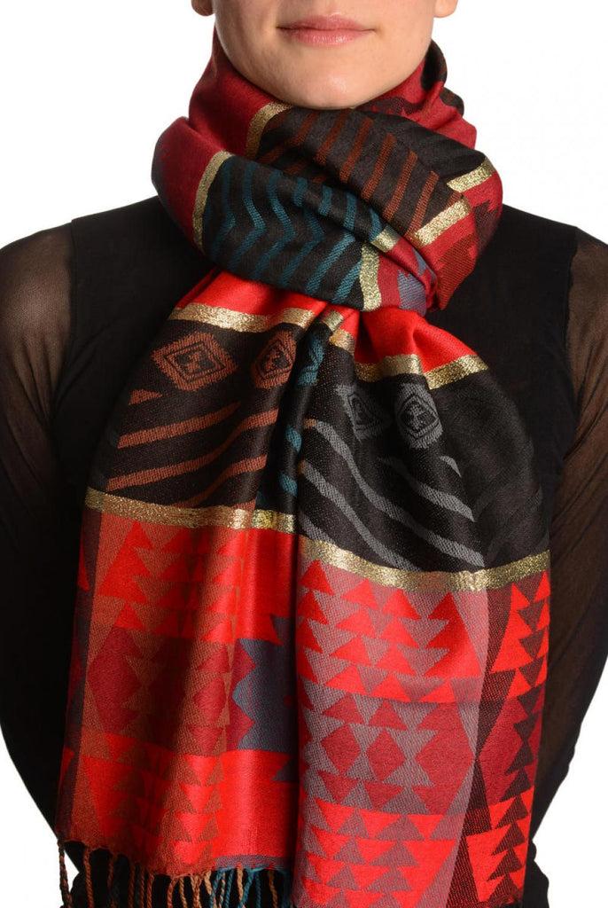 liss kiss Aztec Patern On Red & Dark Red With Gold Lurex Pashmina With Tassels - Scarf