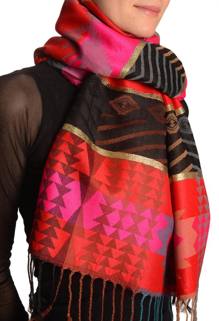 Liss Kiss Aztec Patern On Red & Magenta With Gold Lurex Pashmina With Tassels - Scarf
